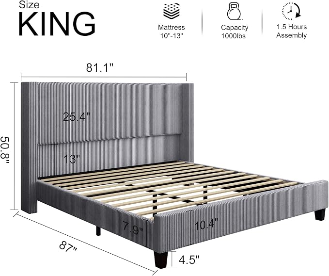 HOWE King Size Bed Frame with 50.8" Tall Wingback Headboard, Modern Corduroy - Image 2