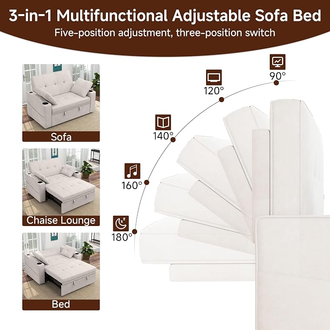 Loveseat Sofa Bed, 3-in-1 Convertible Sleeper Sofa, Chenille Fabric Pull Out - Image 4