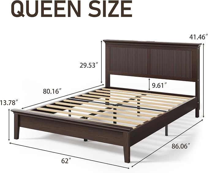 Lifezone Queen Bed Frame with Headboard, Solid Wood Bed Frame Queen Size with - Image 2