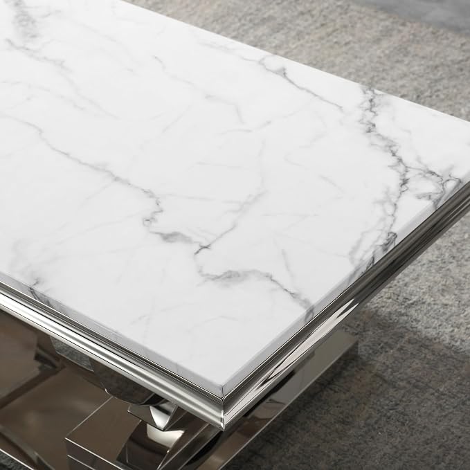 Henf 47" Marble Coffee Table Modern White Faux Marble Center Table - Image 7