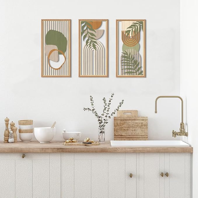 IARTTOP Boho Mid-century Modern Wood Wall Art 8x16 Inch Framed Green Bohemian - Image 3
