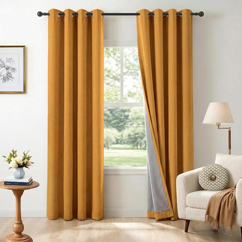 100% Blackout Linen Textured Curtains 72 Inch Long, Mustard Yellow | 100% by 100BlackoutShield