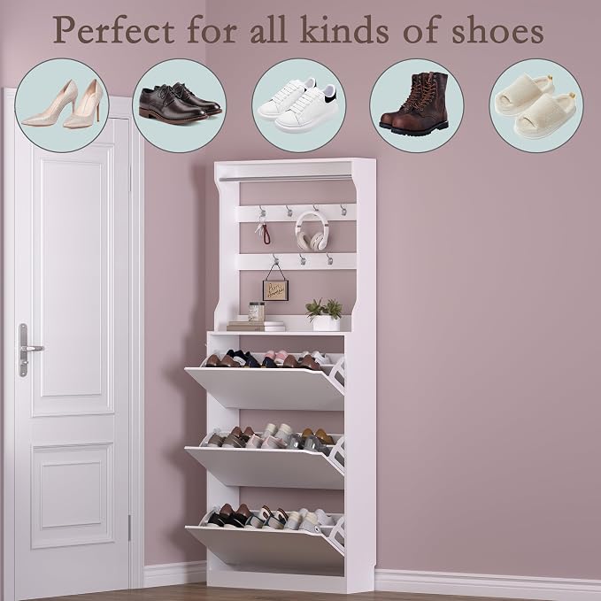 BORNOON Shoe Cabinet with 3 Flip Drawers & Coat Rack, Narrow Hidden Shoe - Image 4