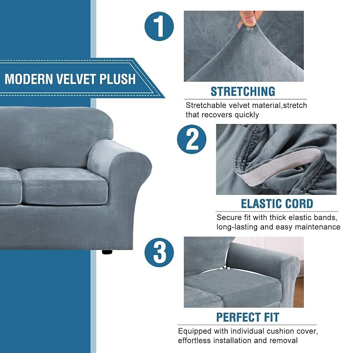 H.VERSAILTEX High Stretch Sofa Slipcover 4 Piece Cover Velvet Furniture - Image 3
