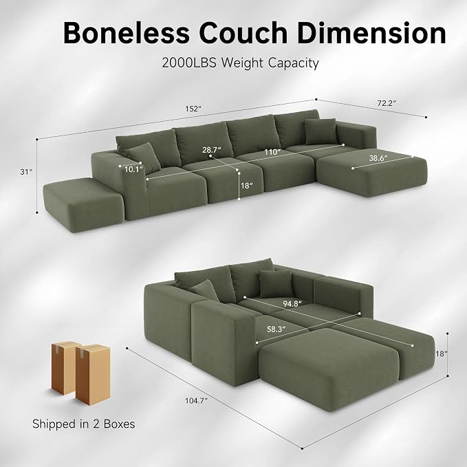 152'' Modern Boneless Couch, Oversized 2-in-1 Modular Sectional Sofa Bed - Image 2