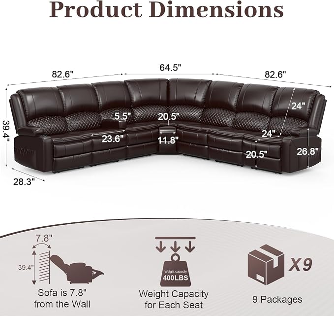 Yolsali Manual Reclining Sectional Sofa Set, 7 Seats Soft Leather Recliner - Image 2