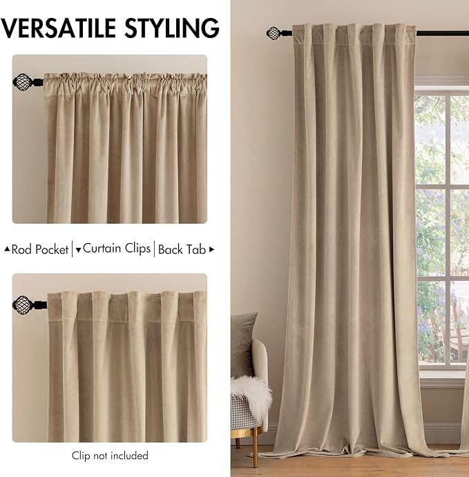 MIULEE Velvet Curtains 52x90 inches 2 Panels Camel Beige Blackout Curtains | - Image 2