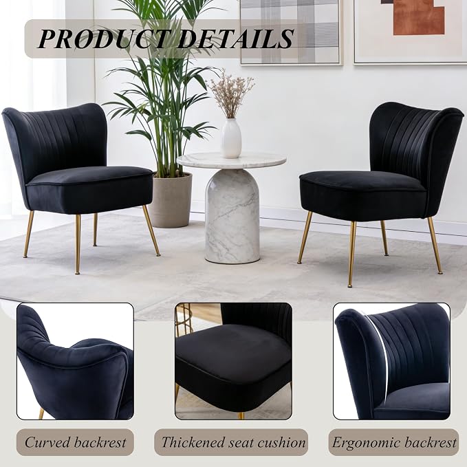 Velvet Accent Chair Set of 2 Comfy Living Room Chair Armless Slipper Chair Mid - Image 4