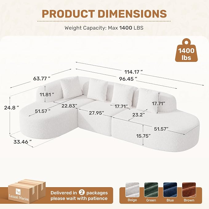 114 Inch Boneless Couches for Living Room, Modern Modular Sectional Sofa - Image 2
