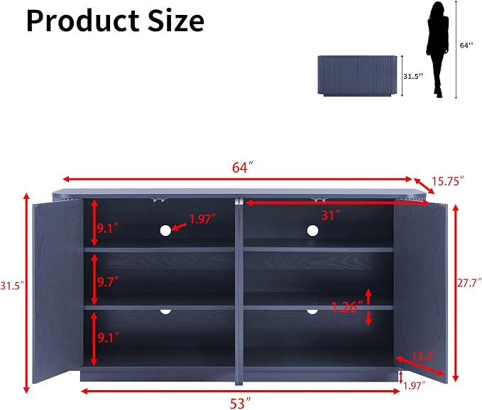 LKTART 64" Buffet Cabinet with Storage, Modern Fluted Accent Sideboard Media - Image 2