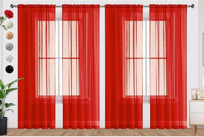 SpaceDresser Sheer Red Curtains 4 Panels Rod Pocket Semi-Sheer Curtain 84 by SpaceDresser