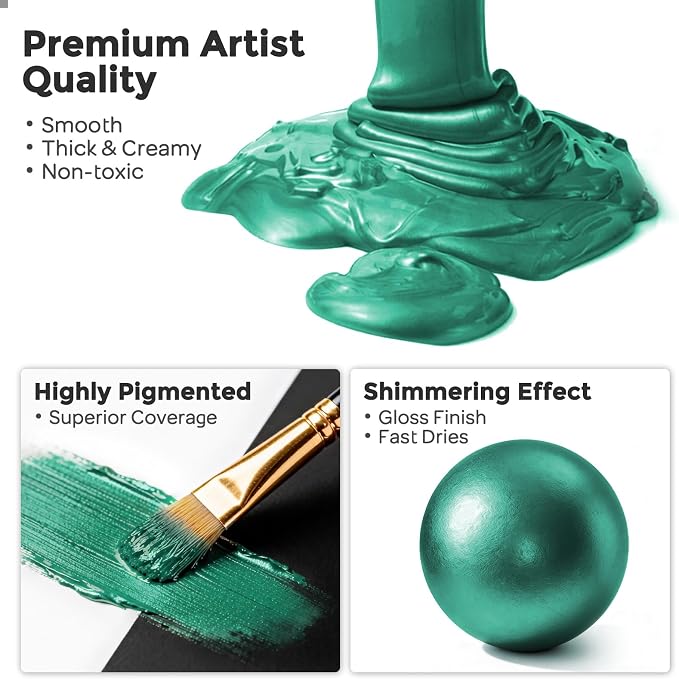 Nicpro Metallic Emerald Green Acrylic Paint, 8.45oz/250ml Large Pearlescent - Image 2
