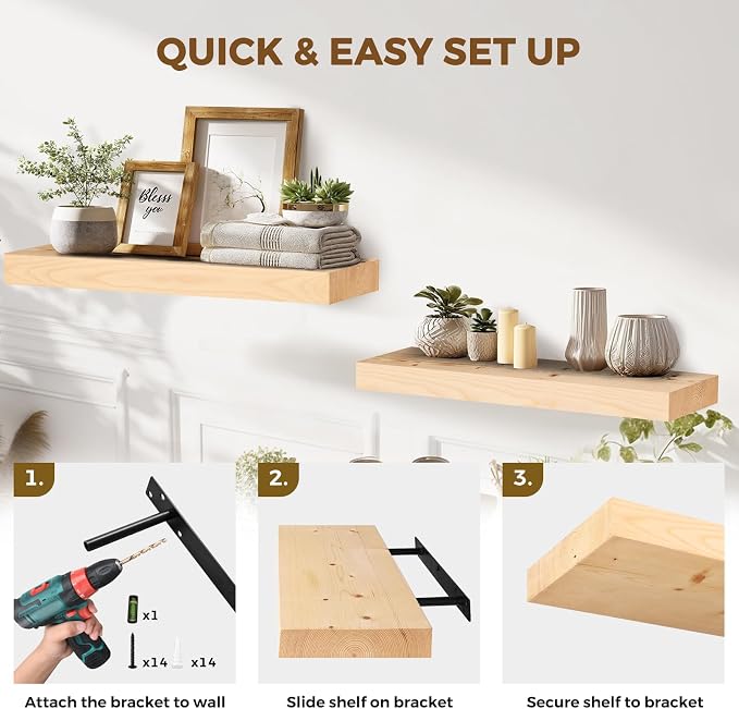 24x8x1.6 inch Floating Shelves Set of 2 – Solid Wood Rustic Wood Wall Mounted - Image 5