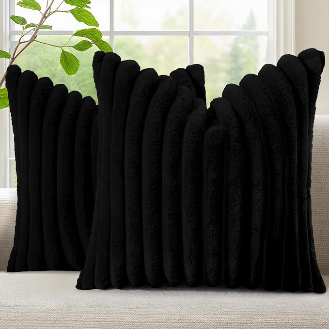 decorUhome Fall Faux Fur Throw Pillow Covers 18x18 Set of 2 Black | Decorative by decorUhome
