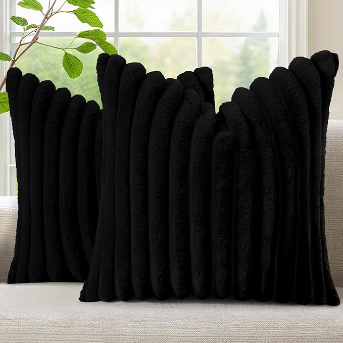 decorUhome Fall Faux Fur Throw Pillow Covers 24x24 Set of 2 Black | Decorative by decorUhome