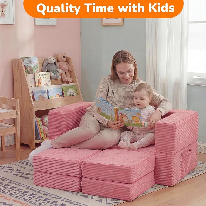 MeMoreCool Pink Corduroy Kids Play Couch, Modular Toddler Couch - Image 6
