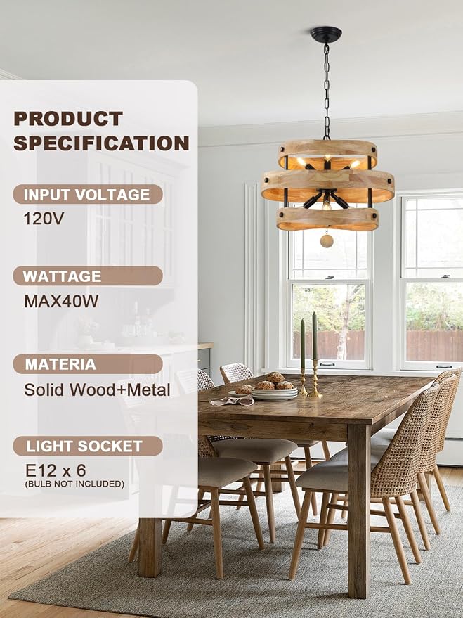 20" Farmhouse Chandeliers for Dining Room 6-Light Solid Wood French Country - Image 6