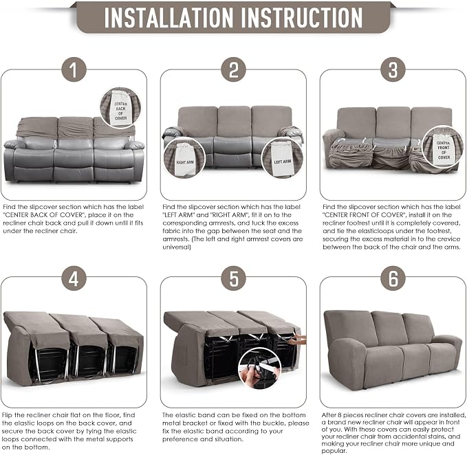 TAOCOCO Recliner Sofa Covers 8-Pieces Stretch Large Couch Covers - Image 6