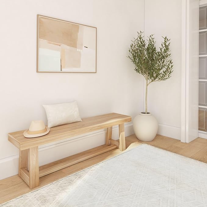 Plank+Beam 60 Inch Farmhouse Dining Bench, Solid Wood Entryway Bench, Wooden - Image 5