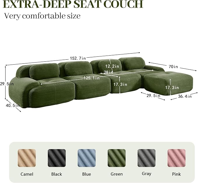 Boneless Sectional Couch, No Assembly Required, 152.7” L Shaped Modular Cloud - Image 3