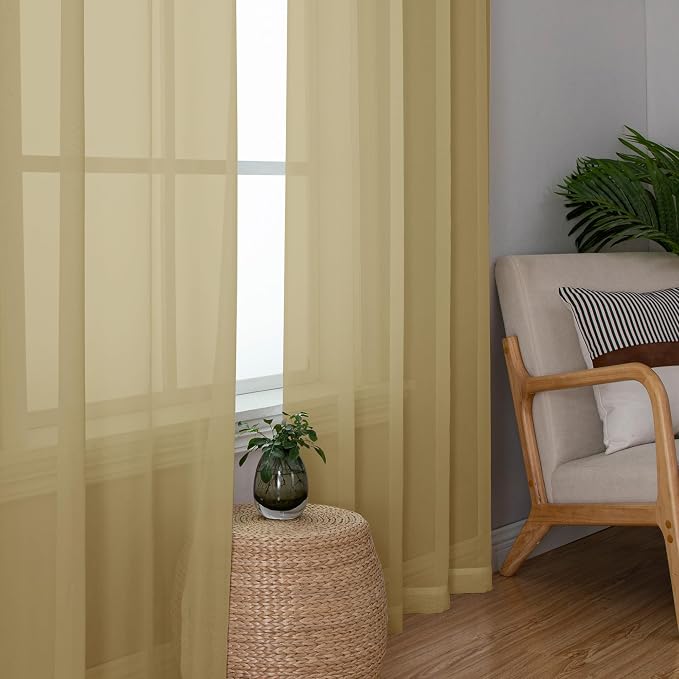 Gold Sheer Curtains, 63 Inch Length 2 Panels Set, Soft Voile Drapes - Image 2