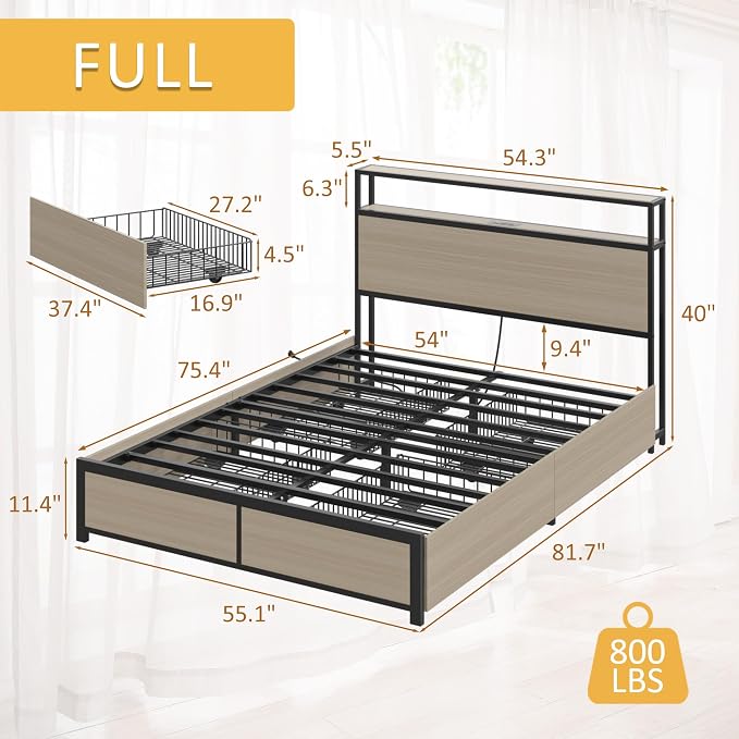 Lifezone Full Bed Frame with 2-Tier Storage Headboard, Metal Platform Bed Frame - Image 2