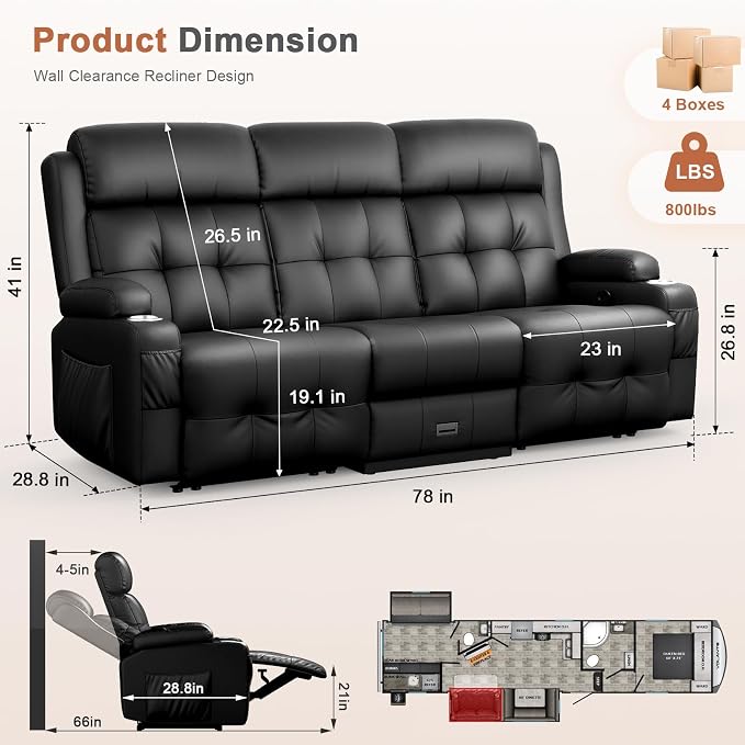 RV Loveseat Recliner Sofa, Oversized Massage Wall Hugger 3-Seater Recliners - Image 2