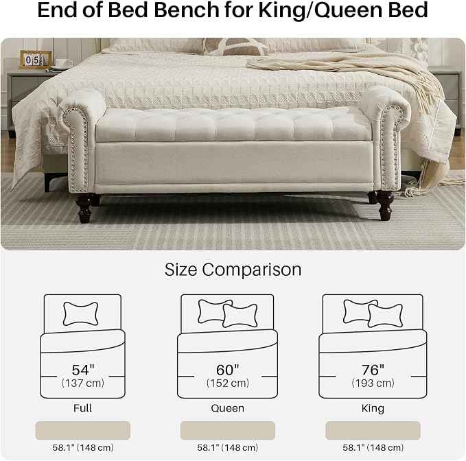 SOFTHION 58.1" Storage Bench Upholstered Linen End of Bedroom Bed Bench Ottoman - Image 5