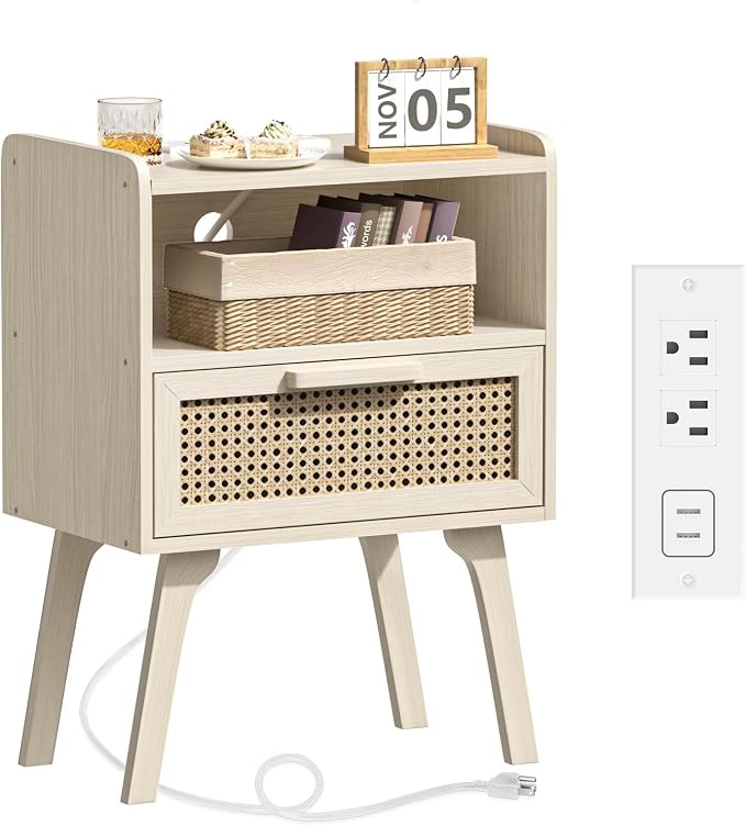 Lerliuo Rattan Nightstand with Charging Station, Side Table with Drawer Open by Lerliuo