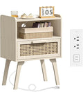 Lerliuo Rattan Nightstand with Charging Station, Side Table with Drawer Open by Lerliuo