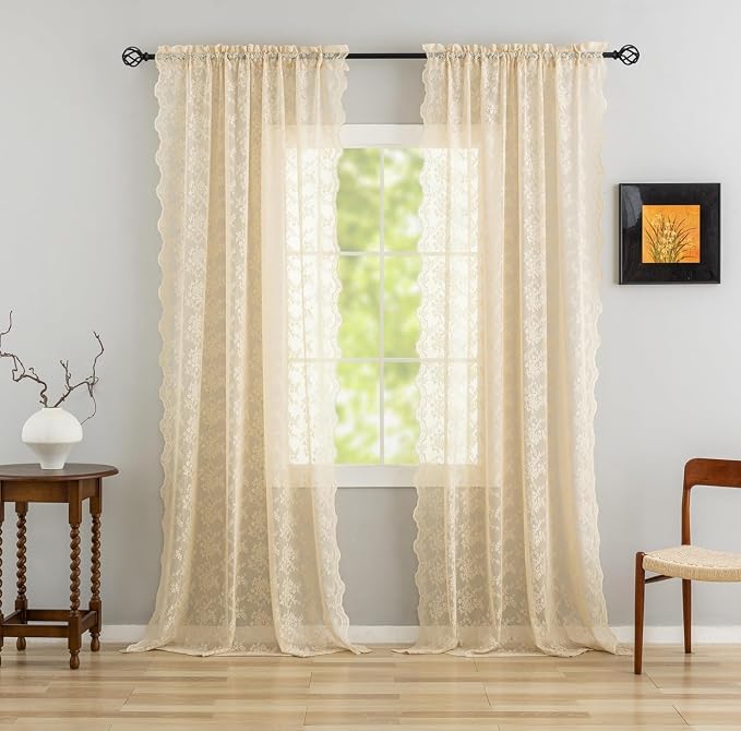 YJ YANJUN Vintage Lace Curtains 132 Inches Long-Victorian Floral Fancy Beige by YJYANJUN