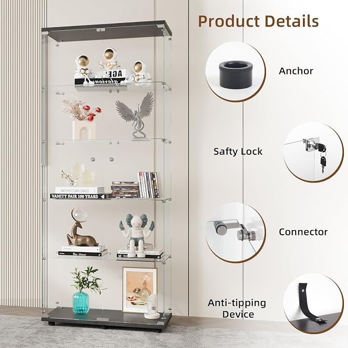 Display Cabinet with Glass Door and Lock, 5-Shelf Curio Cabinets with 5mm - Image 5