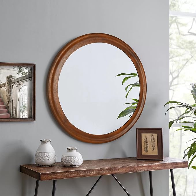 Round Wood Mirrors 30 Inch, Rustic Decorative Transitional Wall Mirror - Image 2