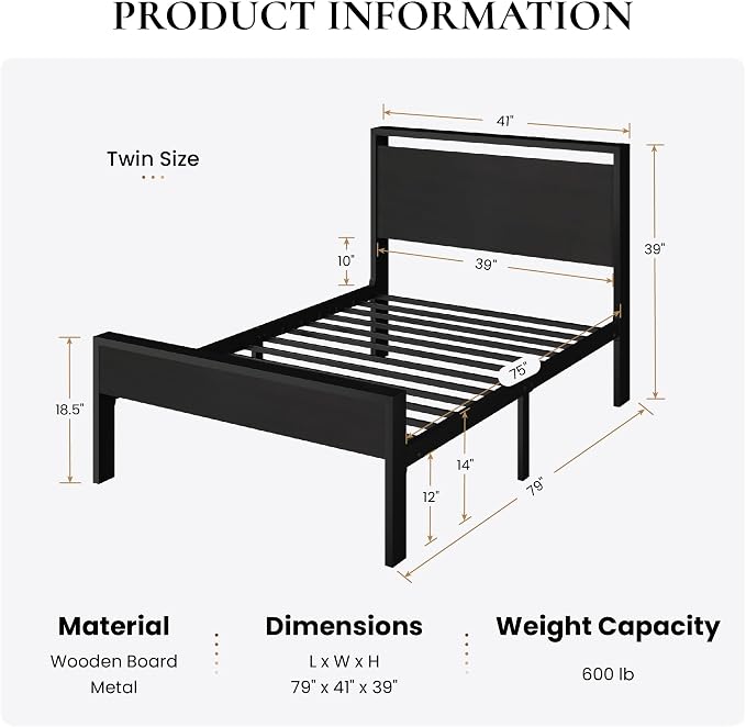 SHA CERLIN 14 Inch Twin Size Metal Platform Bed Frame - Image 2