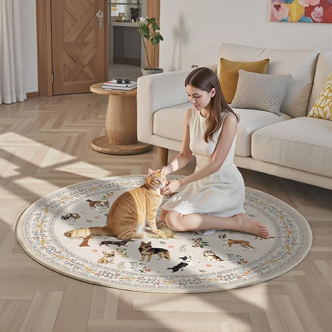 Beige 4Ft Round Area Rug for Living Room Bedroom | Stain Resistant; Non Slip; - Image 4