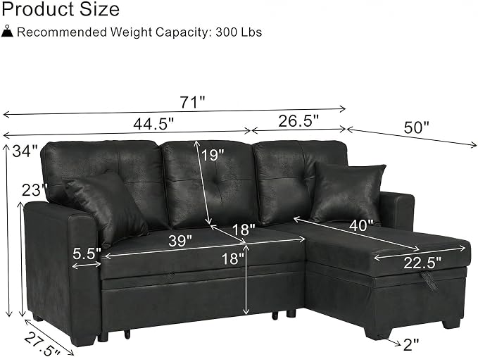 L Shaped Sectional Couch with Storage and Pull Out Bed, 3 Seater Sleeper Sofas - Image 3
