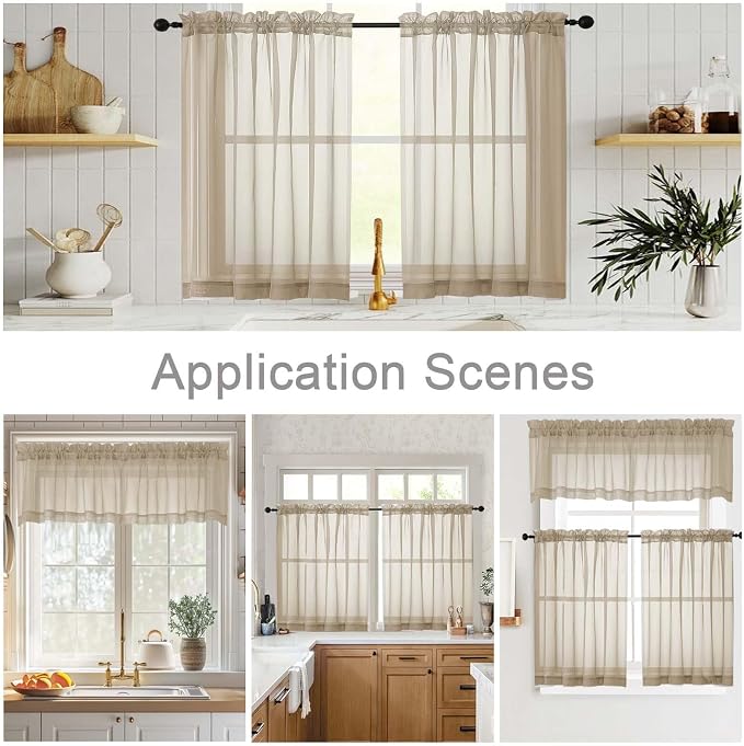 Taupe Kitchen Curtains 30 Inch Length Tier 2 PCS, Solid Soft Airy Half Curtains - Image 6