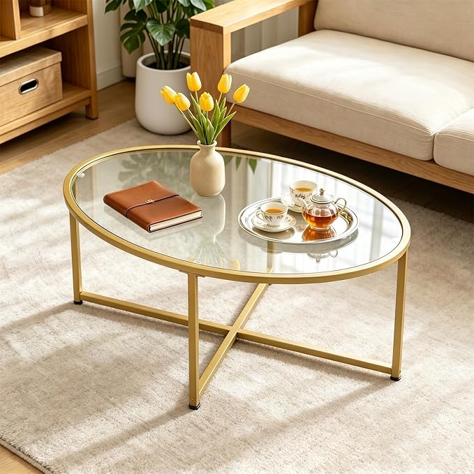 Wolawu Coffee Table Gold Oval Glass Coffee Tables - Image 3