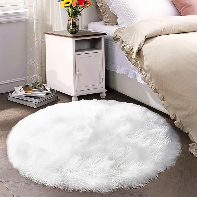 Latepis White Round Rug 5ft Faux Fur Sheepskin Circle Rug by Latepis