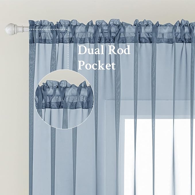 MIULEE Dusty Blue Sheer Curtains 54 X 54 Inches, 2 Panels | Solid Color - Image 2