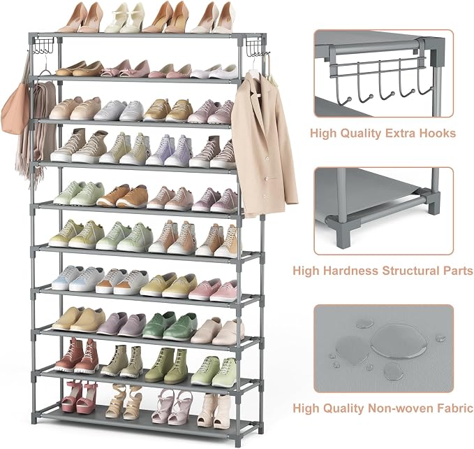 LANTEFUL 10 Tiers Shoe Rack 50 Pairs Large Capacity Tall Shoe Organizer Sturdy - Image 4