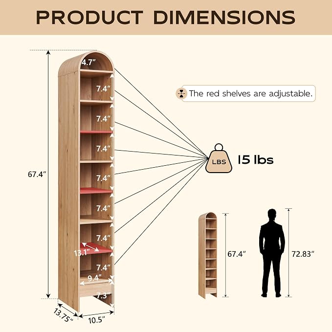 IFGET 67" Tall Arched Bookshelf, 8 Tiers Arch Bookcase - Image 2