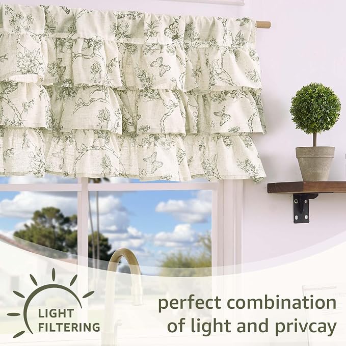 JINCHAN Ruffled Valance Curtain Linen Floral Kitchen Valance - Image 8