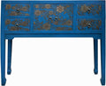 Blue Lacquer Golden Flower Graphic Drawers Slim Foyer Side Table Acs7732 by ORIENTLIVING