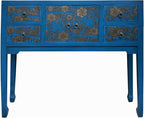 Blue Lacquer Golden Flower Graphic Drawers Slim Foyer Side Table Acs7732 by ORIENTLIVING