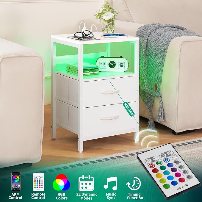 Yoobure Nightstand with Charging Station, LED Night Stand with Fabric Drawers - Image 5