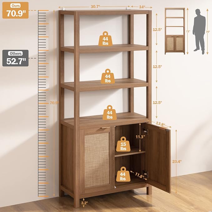 SICOTAS Bookshelf 5 Tier Book Shelf Rattan Boho 71" Tall Bookcase - Image 3