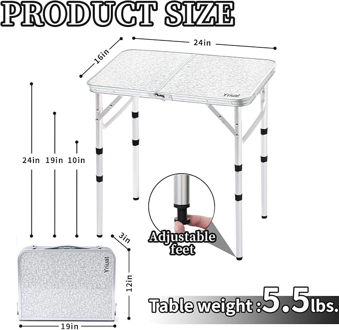 Yriuat Folding Camping Table 2ft Portable Picnic Table Adjustable Height Small - Image 3