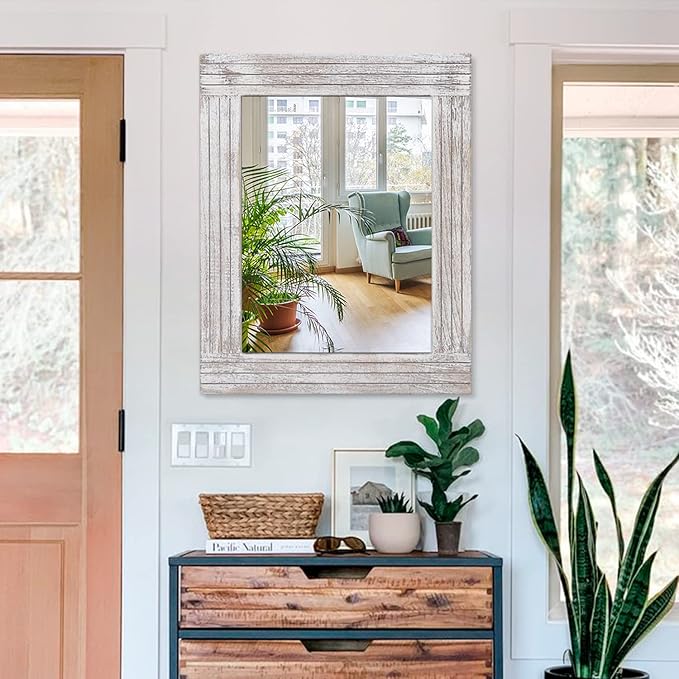 Wall Mirror Rustic Wooden Frame Rectangle Mirror Vintage Hanging Mirror - Image 3