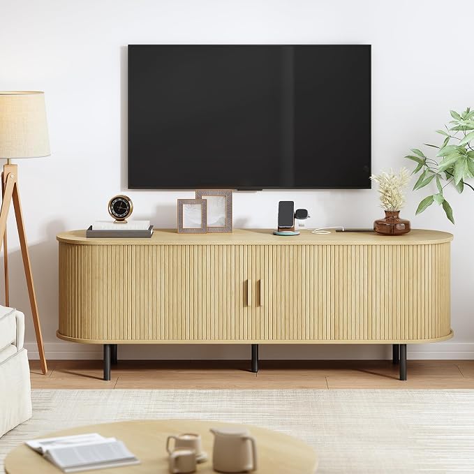 63" TV Stand with Power Outlet, Modern Media Console with Sliding Doors - Image 7